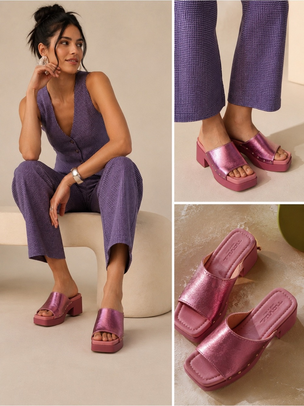 Novus Pink Leather Metallic Platform Slide Sandals